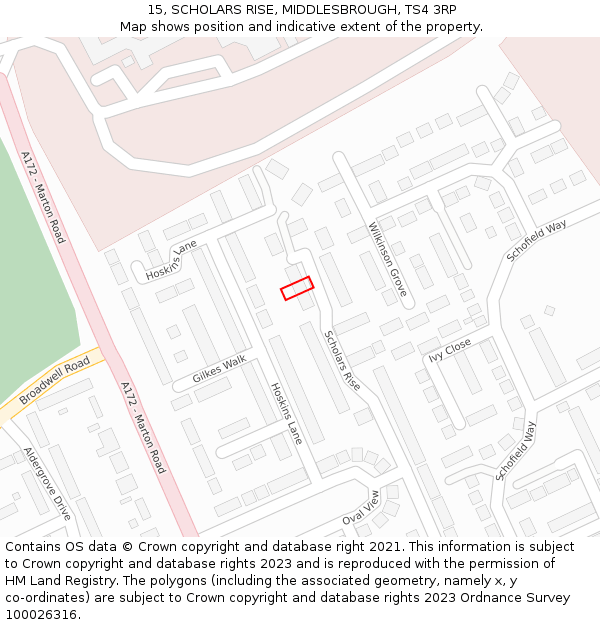 15, SCHOLARS RISE, MIDDLESBROUGH, TS4 3RP: Location map and indicative extent of plot