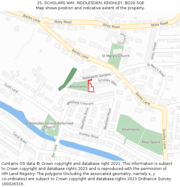 15, SCHOLARS WAY, RIDDLESDEN, KEIGHLEY, BD20 5QE: Location map and indicative extent of plot