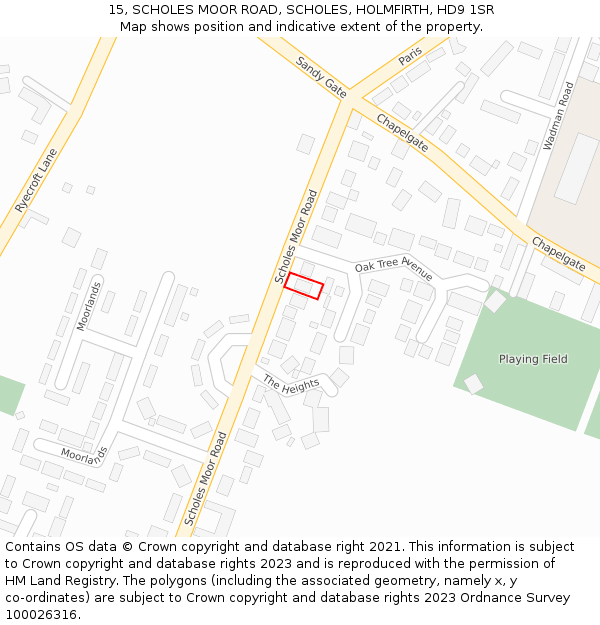 15, SCHOLES MOOR ROAD, SCHOLES, HOLMFIRTH, HD9 1SR: Location map and indicative extent of plot