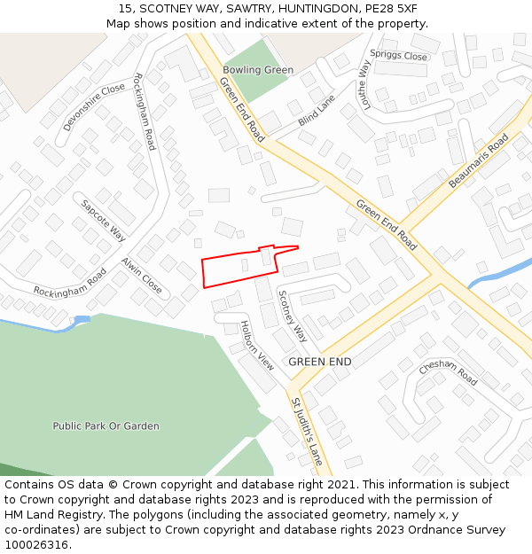 15, SCOTNEY WAY, SAWTRY, HUNTINGDON, PE28 5XF: Location map and indicative extent of plot