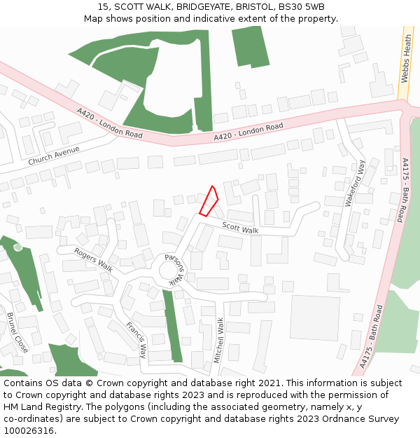 15, SCOTT WALK, BRIDGEYATE, BRISTOL, BS30 5WB: Location map and indicative extent of plot