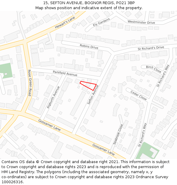 15, SEFTON AVENUE, BOGNOR REGIS, PO21 3BP: Location map and indicative extent of plot