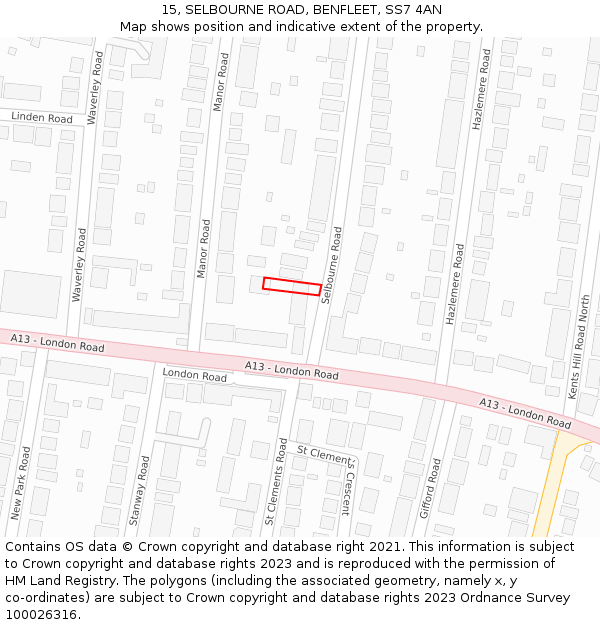 15, SELBOURNE ROAD, BENFLEET, SS7 4AN: Location map and indicative extent of plot