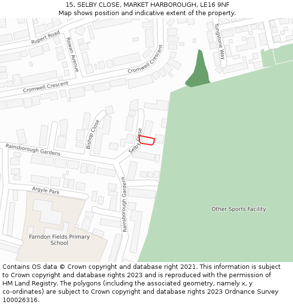 15, SELBY CLOSE, MARKET HARBOROUGH, LE16 9NF: Location map and indicative extent of plot