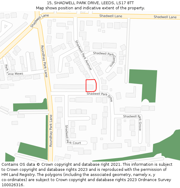 15, SHADWELL PARK DRIVE, LEEDS, LS17 8TT: Location map and indicative extent of plot