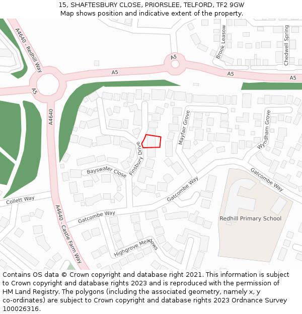 15, SHAFTESBURY CLOSE, PRIORSLEE, TELFORD, TF2 9GW: Location map and indicative extent of plot