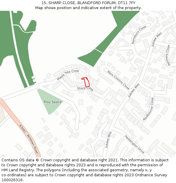 15, SHARP CLOSE, BLANDFORD FORUM, DT11 7FY: Location map and indicative extent of plot