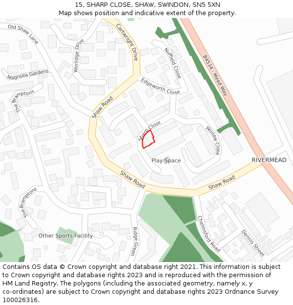 15, SHARP CLOSE, SHAW, SWINDON, SN5 5XN: Location map and indicative extent of plot