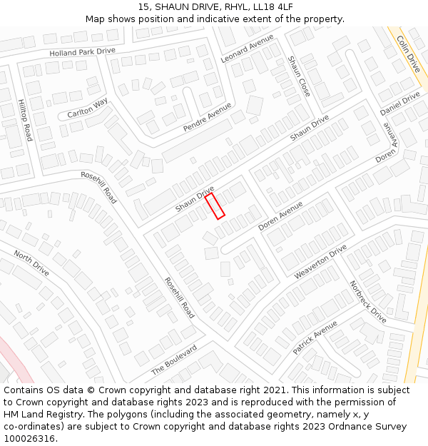 15, SHAUN DRIVE, RHYL, LL18 4LF: Location map and indicative extent of plot