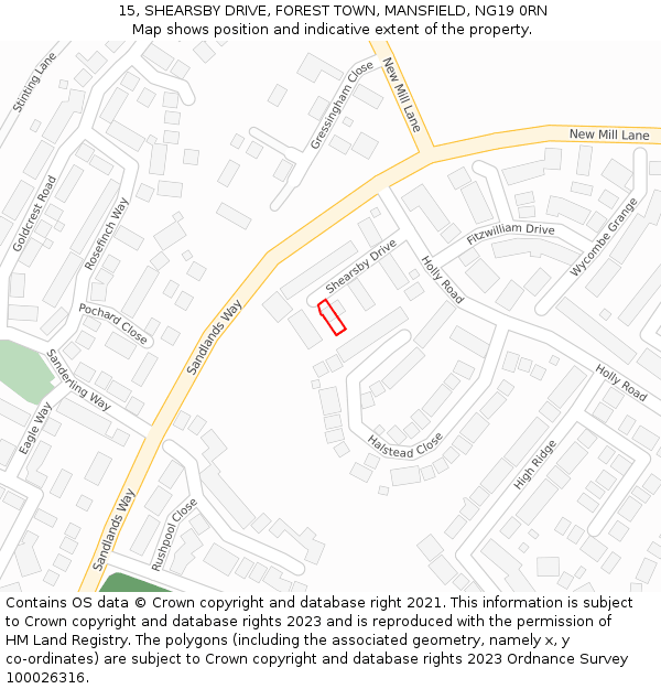 15, SHEARSBY DRIVE, FOREST TOWN, MANSFIELD, NG19 0RN: Location map and indicative extent of plot