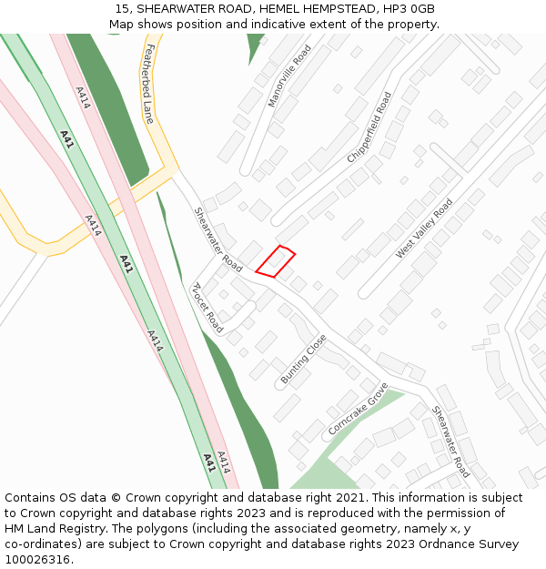 15, SHEARWATER ROAD, HEMEL HEMPSTEAD, HP3 0GB: Location map and indicative extent of plot