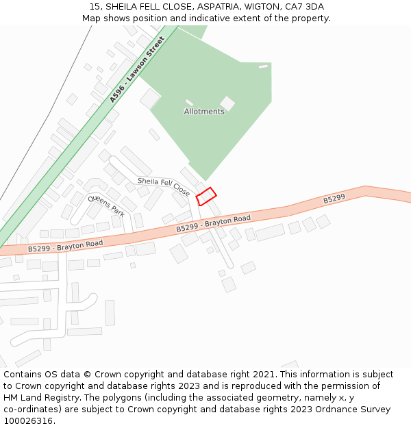 15, SHEILA FELL CLOSE, ASPATRIA, WIGTON, CA7 3DA: Location map and indicative extent of plot