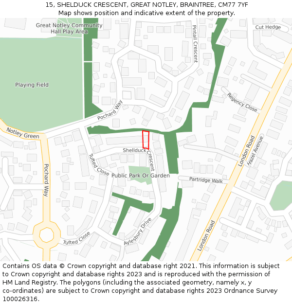 15, SHELDUCK CRESCENT, GREAT NOTLEY, BRAINTREE, CM77 7YF: Location map and indicative extent of plot