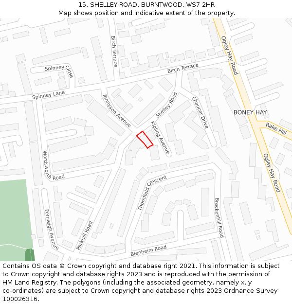 15, SHELLEY ROAD, BURNTWOOD, WS7 2HR: Location map and indicative extent of plot