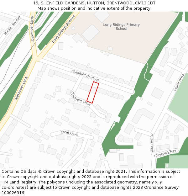 15, SHENFIELD GARDENS, HUTTON, BRENTWOOD, CM13 1DT: Location map and indicative extent of plot