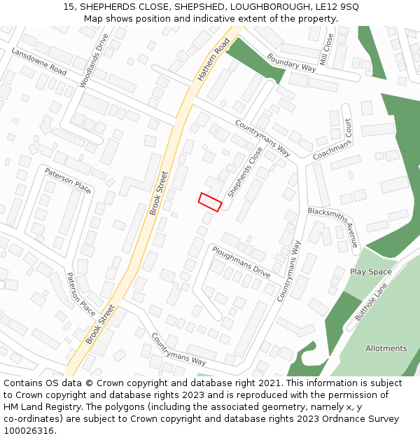 15, SHEPHERDS CLOSE, SHEPSHED, LOUGHBOROUGH, LE12 9SQ: Location map and indicative extent of plot
