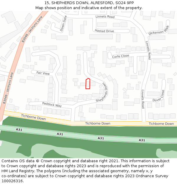 15, SHEPHERDS DOWN, ALRESFORD, SO24 9PP: Location map and indicative extent of plot
