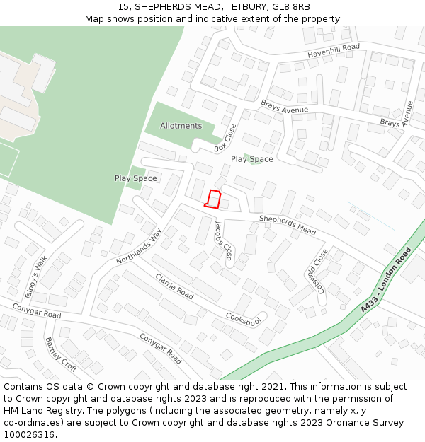 15, SHEPHERDS MEAD, TETBURY, GL8 8RB: Location map and indicative extent of plot