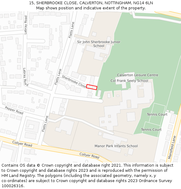 15, SHERBROOKE CLOSE, CALVERTON, NOTTINGHAM, NG14 6LN: Location map and indicative extent of plot