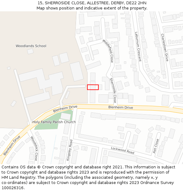 15, SHERROSIDE CLOSE, ALLESTREE, DERBY, DE22 2HN: Location map and indicative extent of plot