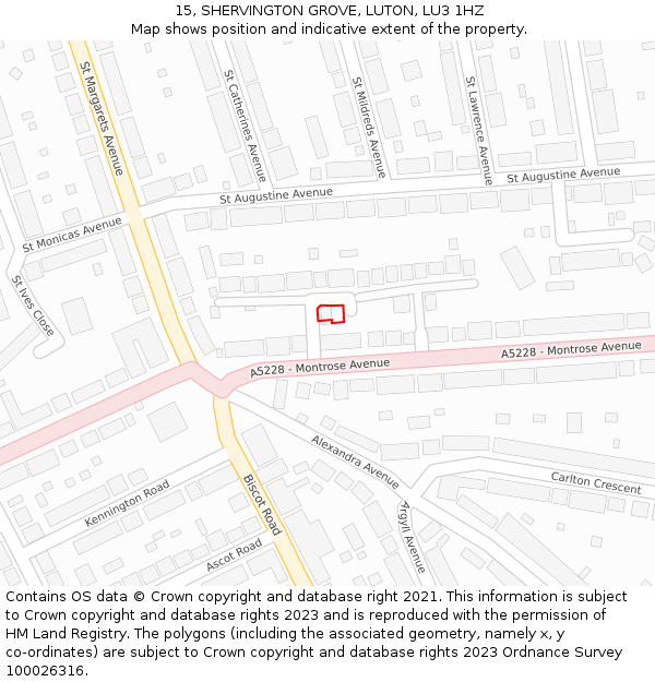 15, SHERVINGTON GROVE, LUTON, LU3 1HZ: Location map and indicative extent of plot