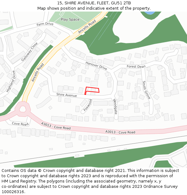 15, SHIRE AVENUE, FLEET, GU51 2TB: Location map and indicative extent of plot