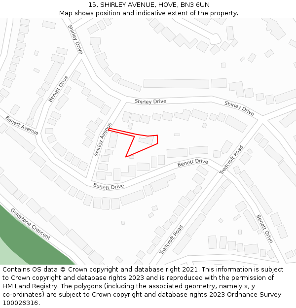 15, SHIRLEY AVENUE, HOVE, BN3 6UN: Location map and indicative extent of plot