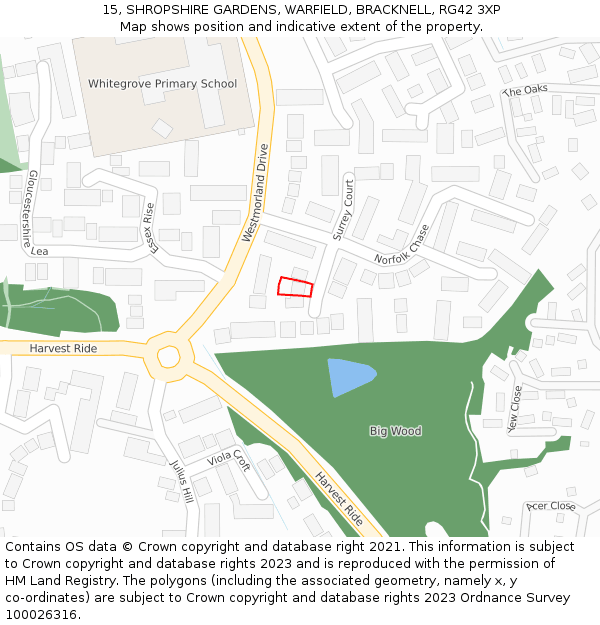 15, SHROPSHIRE GARDENS, WARFIELD, BRACKNELL, RG42 3XP: Location map and indicative extent of plot