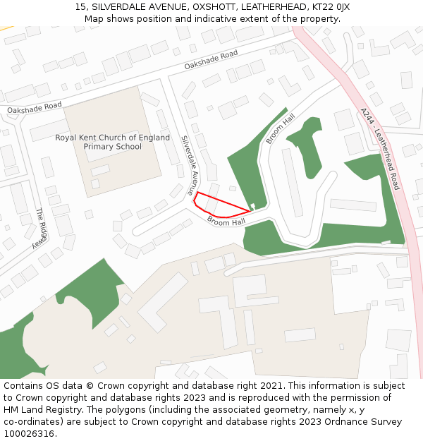 15, SILVERDALE AVENUE, OXSHOTT, LEATHERHEAD, KT22 0JX: Location map and indicative extent of plot