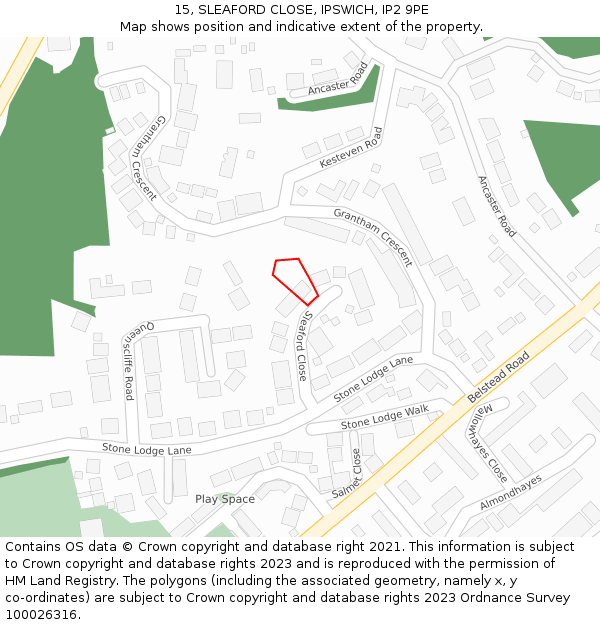 15, SLEAFORD CLOSE, IPSWICH, IP2 9PE: Location map and indicative extent of plot