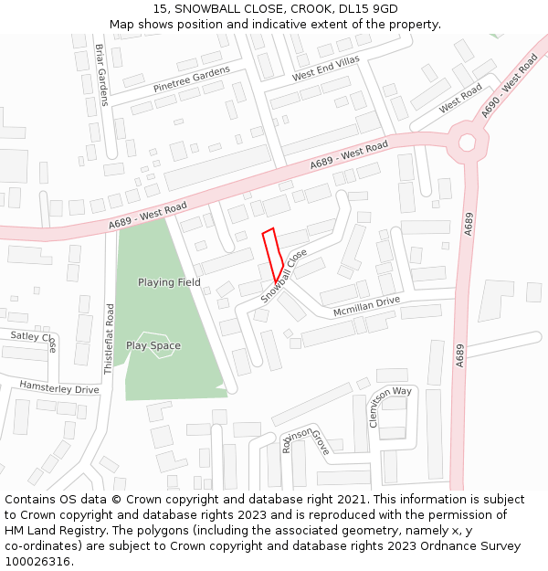 15, SNOWBALL CLOSE, CROOK, DL15 9GD: Location map and indicative extent of plot