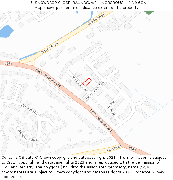 15, SNOWDROP CLOSE, RAUNDS, WELLINGBOROUGH, NN9 6GN: Location map and indicative extent of plot