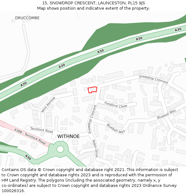 15, SNOWDROP CRESCENT, LAUNCESTON, PL15 9JS: Location map and indicative extent of plot
