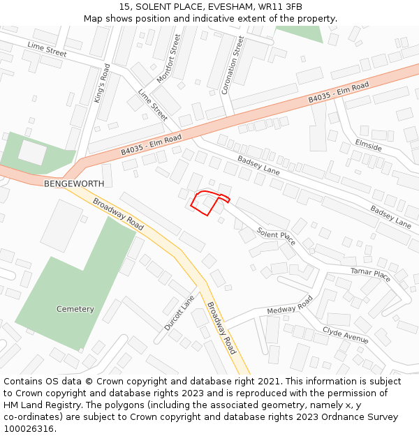 15, SOLENT PLACE, EVESHAM, WR11 3FB: Location map and indicative extent of plot