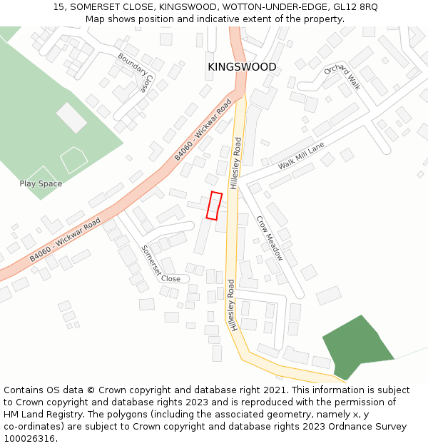 15, SOMERSET CLOSE, KINGSWOOD, WOTTON-UNDER-EDGE, GL12 8RQ: Location map and indicative extent of plot