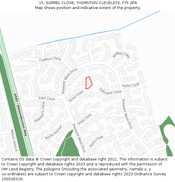 15, SORREL CLOSE, THORNTON-CLEVELEYS, FY5 2PA: Location map and indicative extent of plot