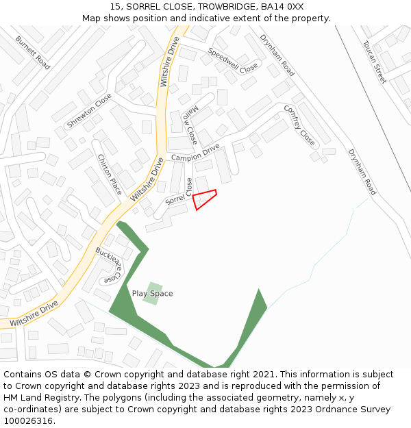 15, SORREL CLOSE, TROWBRIDGE, BA14 0XX: Location map and indicative extent of plot