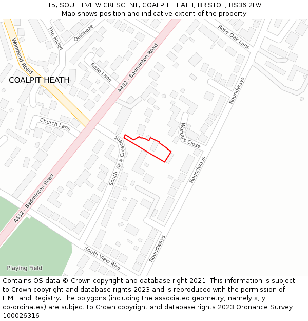 15, SOUTH VIEW CRESCENT, COALPIT HEATH, BRISTOL, BS36 2LW: Location map and indicative extent of plot