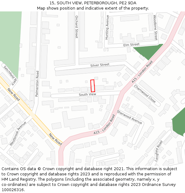 15, SOUTH VIEW, PETERBOROUGH, PE2 9DA: Location map and indicative extent of plot