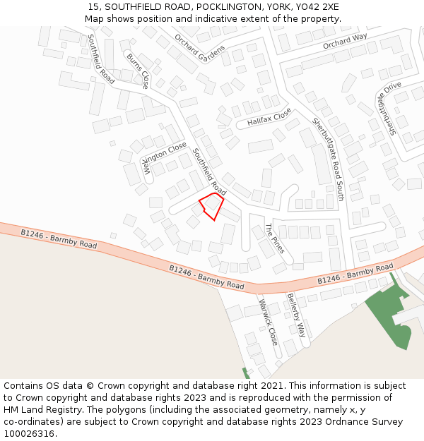 15, SOUTHFIELD ROAD, POCKLINGTON, YORK, YO42 2XE: Location map and indicative extent of plot