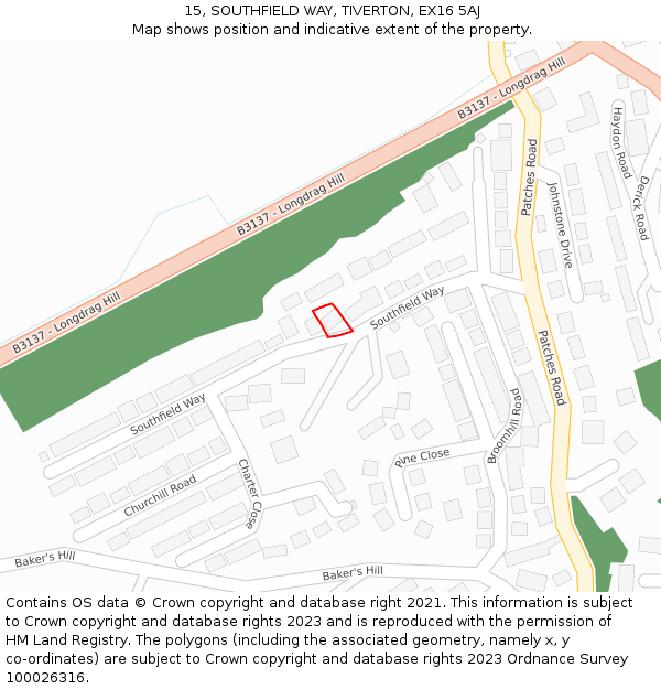 15, SOUTHFIELD WAY, TIVERTON, EX16 5AJ: Location map and indicative extent of plot