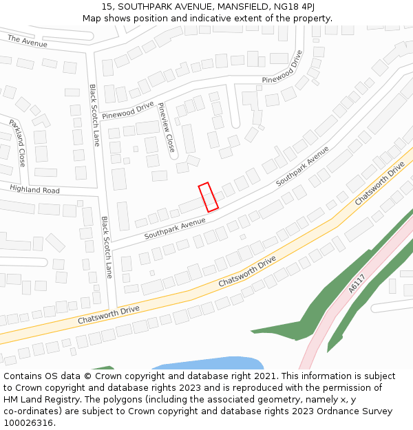 15, SOUTHPARK AVENUE, MANSFIELD, NG18 4PJ: Location map and indicative extent of plot