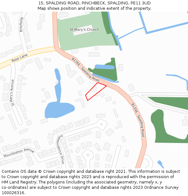 15, SPALDING ROAD, PINCHBECK, SPALDING, PE11 3UD: Location map and indicative extent of plot