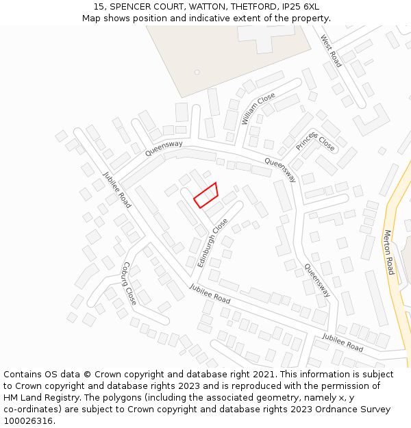 15, SPENCER COURT, WATTON, THETFORD, IP25 6XL: Location map and indicative extent of plot