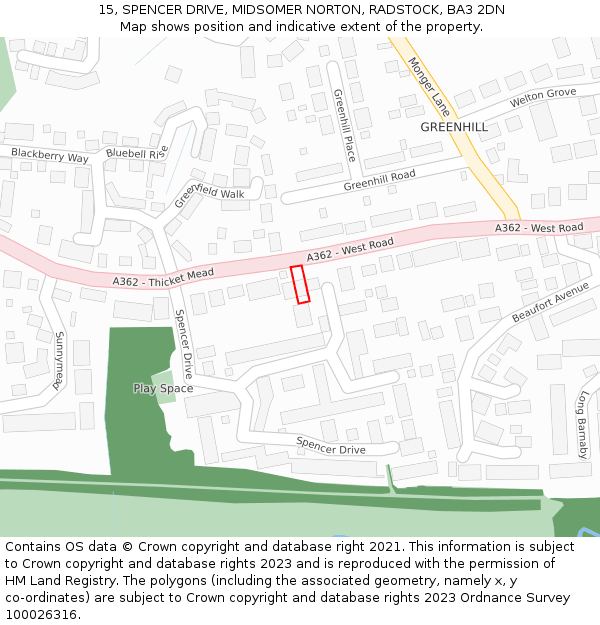 15, SPENCER DRIVE, MIDSOMER NORTON, RADSTOCK, BA3 2DN: Location map and indicative extent of plot