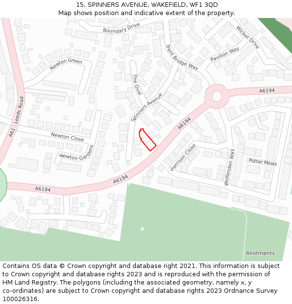 15, SPINNERS AVENUE, WAKEFIELD, WF1 3QD: Location map and indicative extent of plot