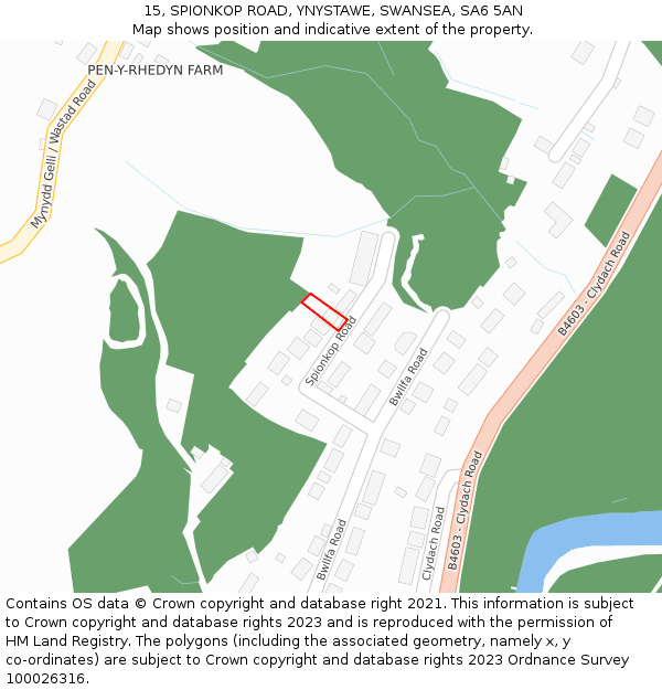 15, SPIONKOP ROAD, YNYSTAWE, SWANSEA, SA6 5AN: Location map and indicative extent of plot