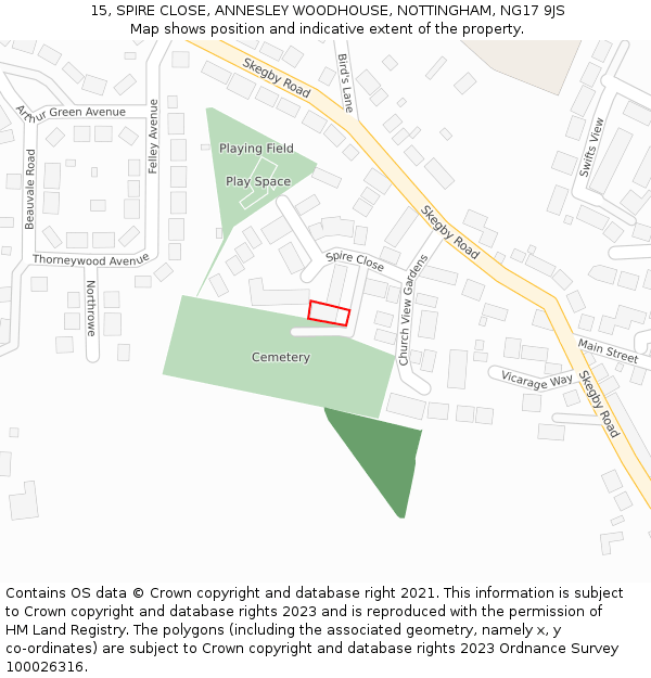 15, SPIRE CLOSE, ANNESLEY WOODHOUSE, NOTTINGHAM, NG17 9JS: Location map and indicative extent of plot