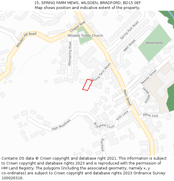 15, SPRING FARM MEWS, WILSDEN, BRADFORD, BD15 0EF: Location map and indicative extent of plot