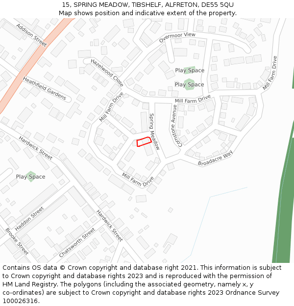 15, SPRING MEADOW, TIBSHELF, ALFRETON, DE55 5QU: Location map and indicative extent of plot